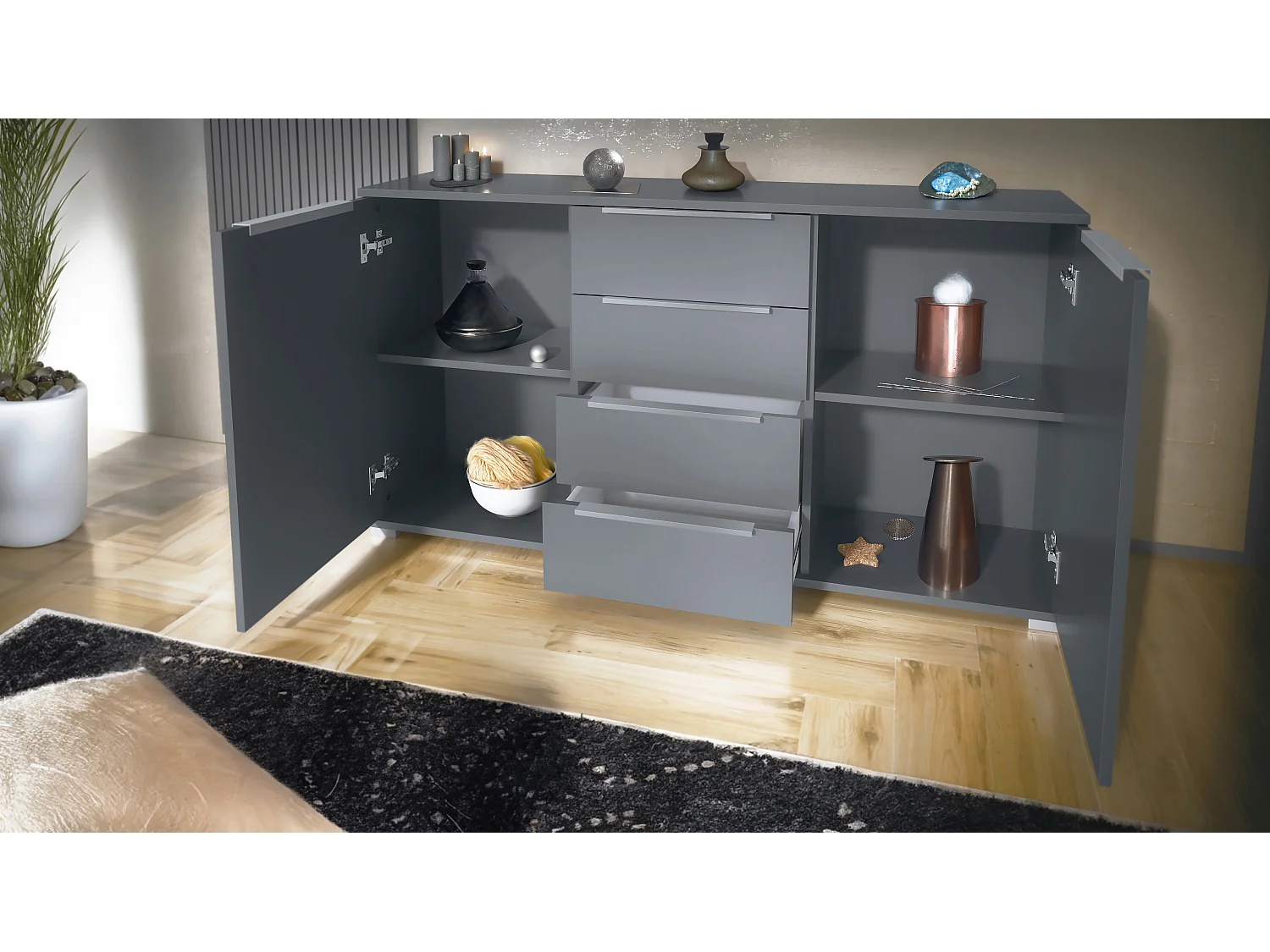 Buffet Linio V1, Enfilade avec 2 portes et 4 tiroirs, anthracite mat / bordeaux haute brillance (138,5 x 75,5 x 35 cm)