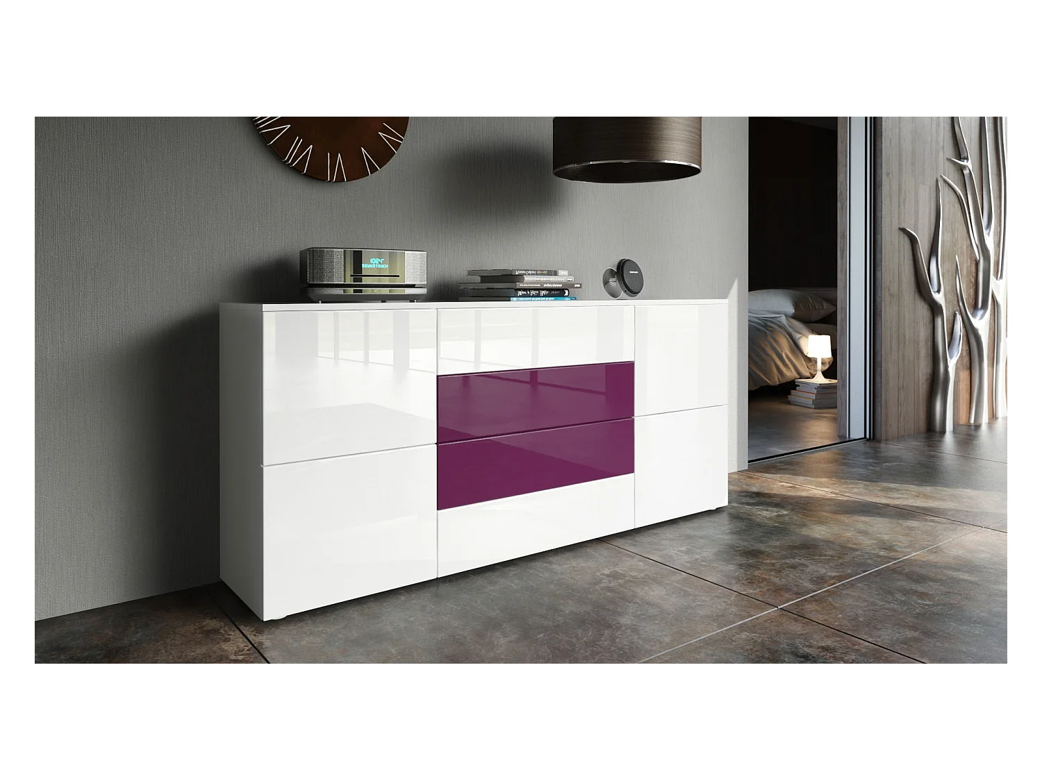 Buffet Rova, Commode avec 4 portes et 4 tiroirs, Blanc mat/Blanc haute brillance (166 x 72 x 35 cm)