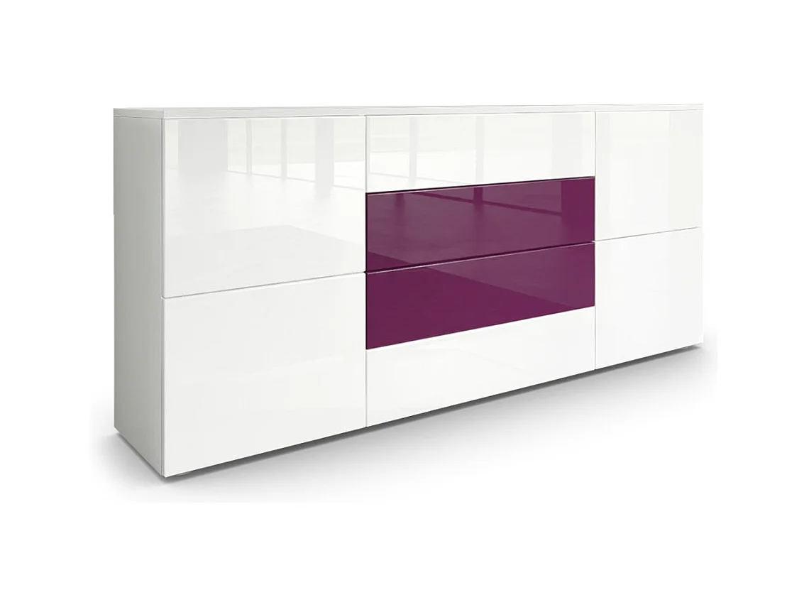 Buffet Rova, Commode avec 4 portes et 4 tiroirs, Blanc mat/Blanc haute brillance (166 x 72 x 35 cm)