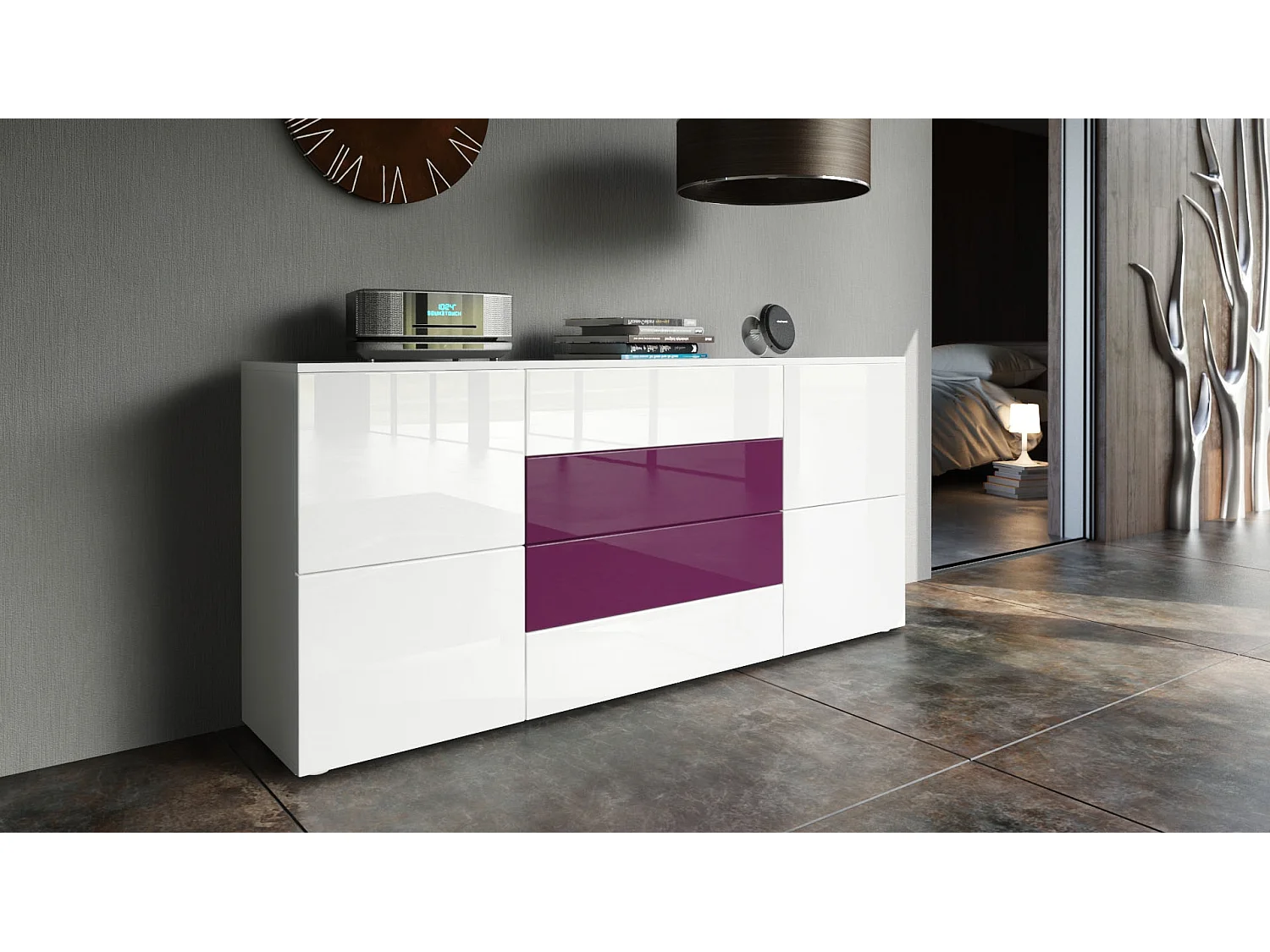 Madia  Rova, mobile con 4 ante e 4 cassetti, bianco opaco/bianco lucido/violetto-porpora (166 x 72 x 35 cm)