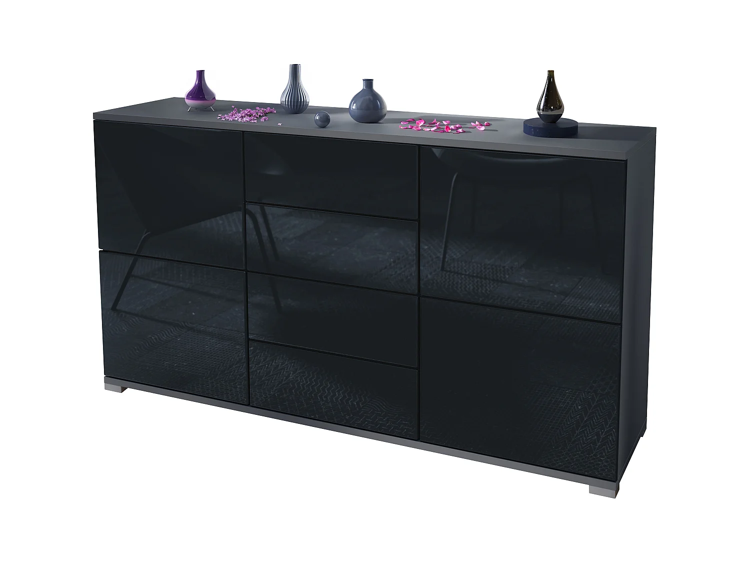 Buffet Rova V1 – Meuble avec 4 Portes et 4 Tiroirs, anthracite mat/noir haute brillance (138,5 x 75,5 x 35)