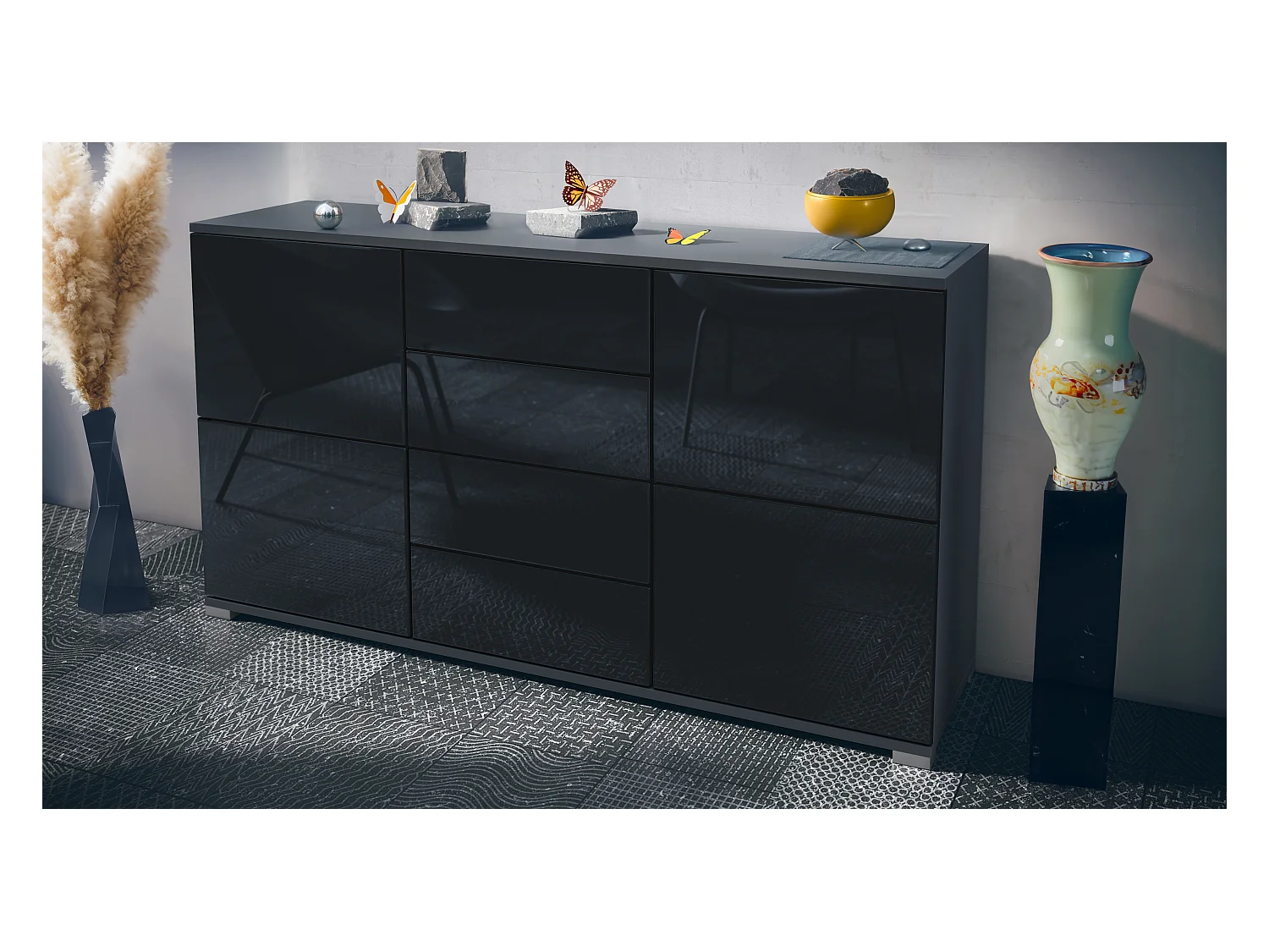 Buffet Rova V1 – Meuble avec 4 Portes et 4 Tiroirs, anthracite mat/noir haute brillance (138,5 x 75,5 x 35)