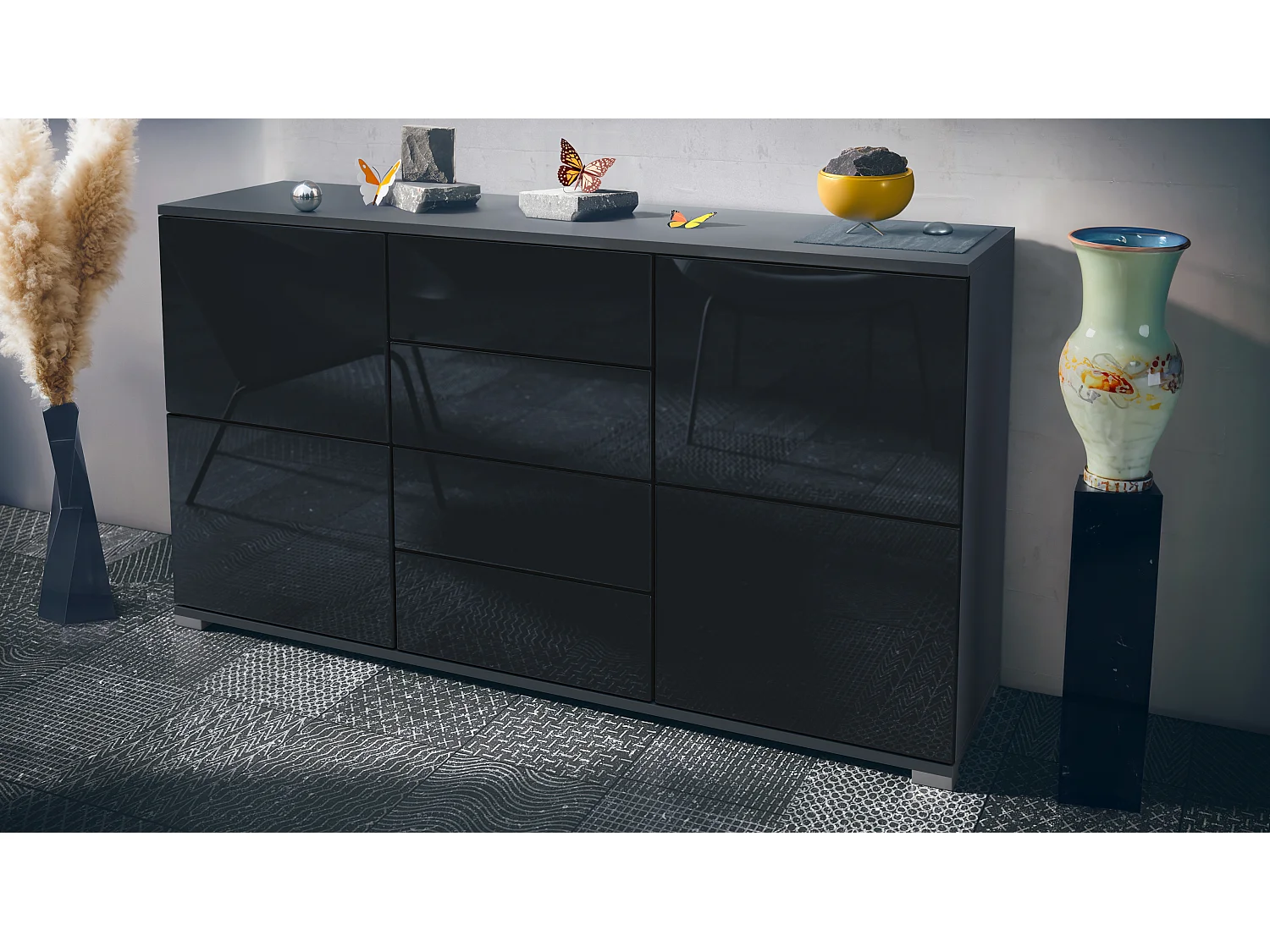 Buffet Rova V1 – Meuble avec 4 Portes et 4 Tiroirs, anthracite mat/noir haute brillance (138,5 x 75,5 x 35)