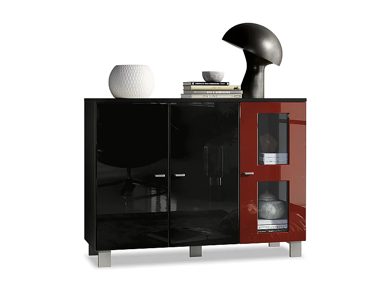 Credenza  Denjo, mobile a 3 ante, nero opaco/nero lucido/bordeaux lucido (107 x 81 x 35 cm)