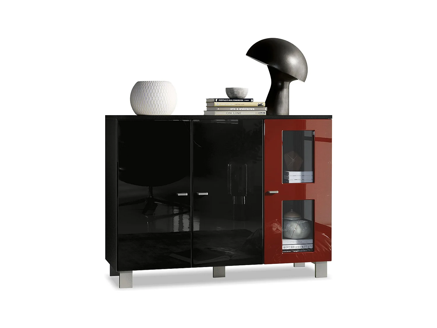 Buffet Denjo, Commode avec 3 portes, Noir mat/Noir haute brillance/Bordeaux haute brillance (107 x 81 x 35 cm)