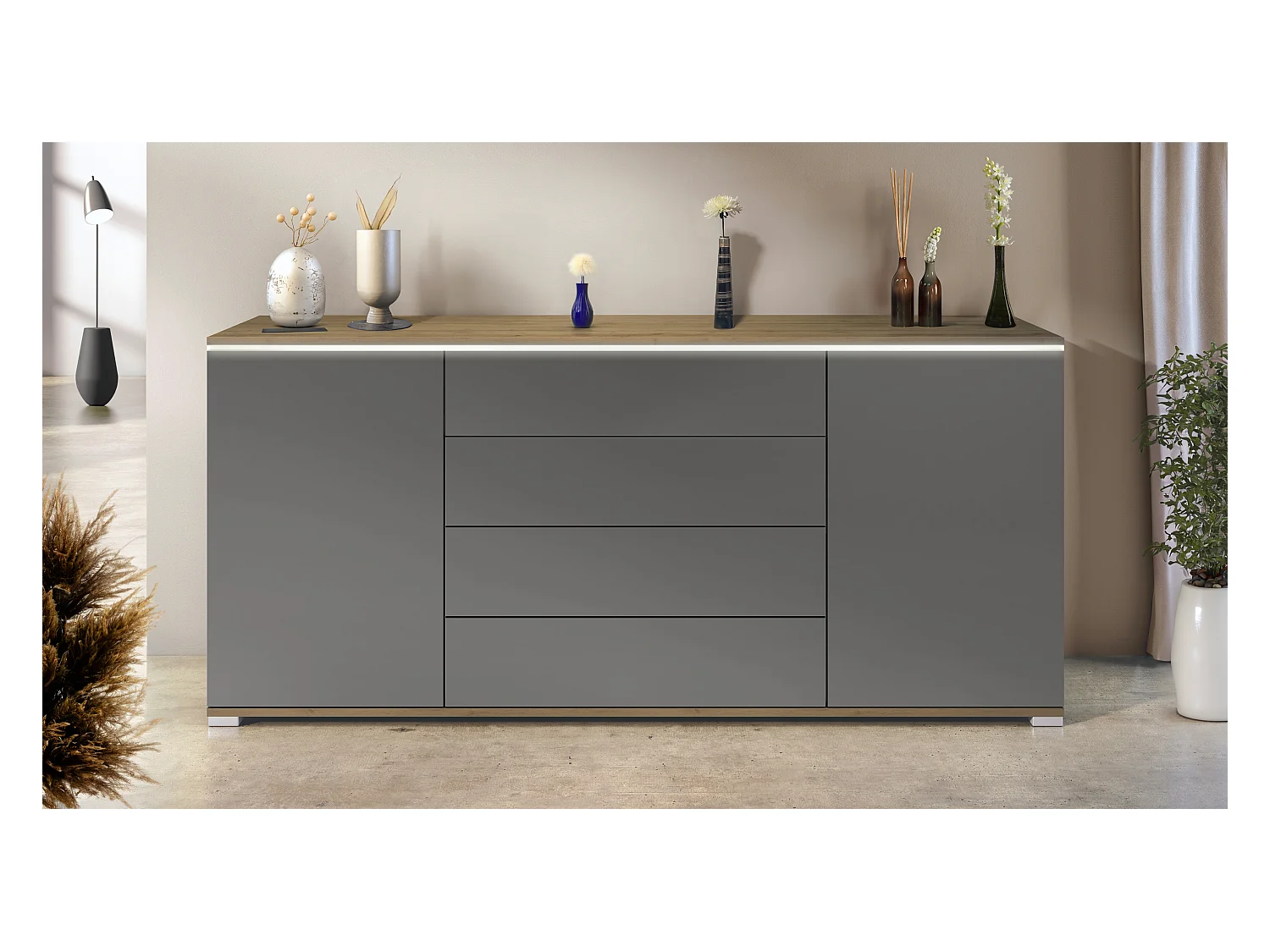 Buffet Faro V2 – Meuble avec 2 Portes & 4 Tiroirs, Armoire avec Bande LED Lumineuse, Chêne Evoke / anthracite mat (166,5 x 75,5 x 35)