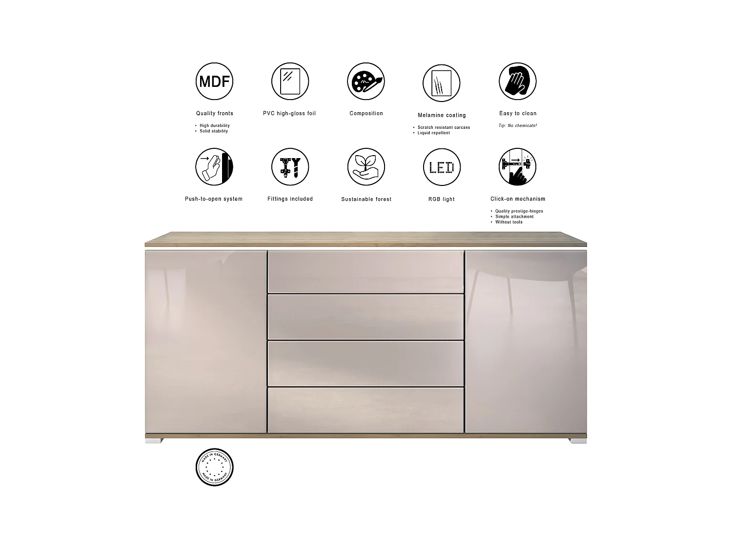 Buffet Faro V2 – Meuble avec 2 Portes & 4 Tiroirs, Armoire avec Bande LED Lumineuse, Chêne Evoke / anthracite mat (166,5 x 75,5 x 35)