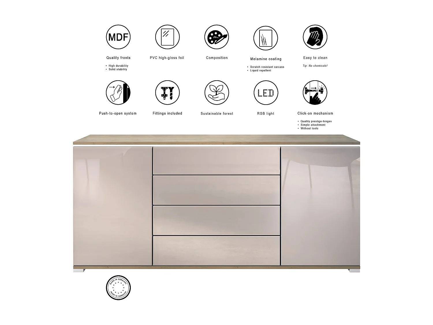 Buffet Faro V2 – Meuble avec 2 Portes & 4 Tiroirs, Armoire avec Bande LED Lumineuse, Chêne Evoke / anthracite mat (166,5 x 75,5 x 35)