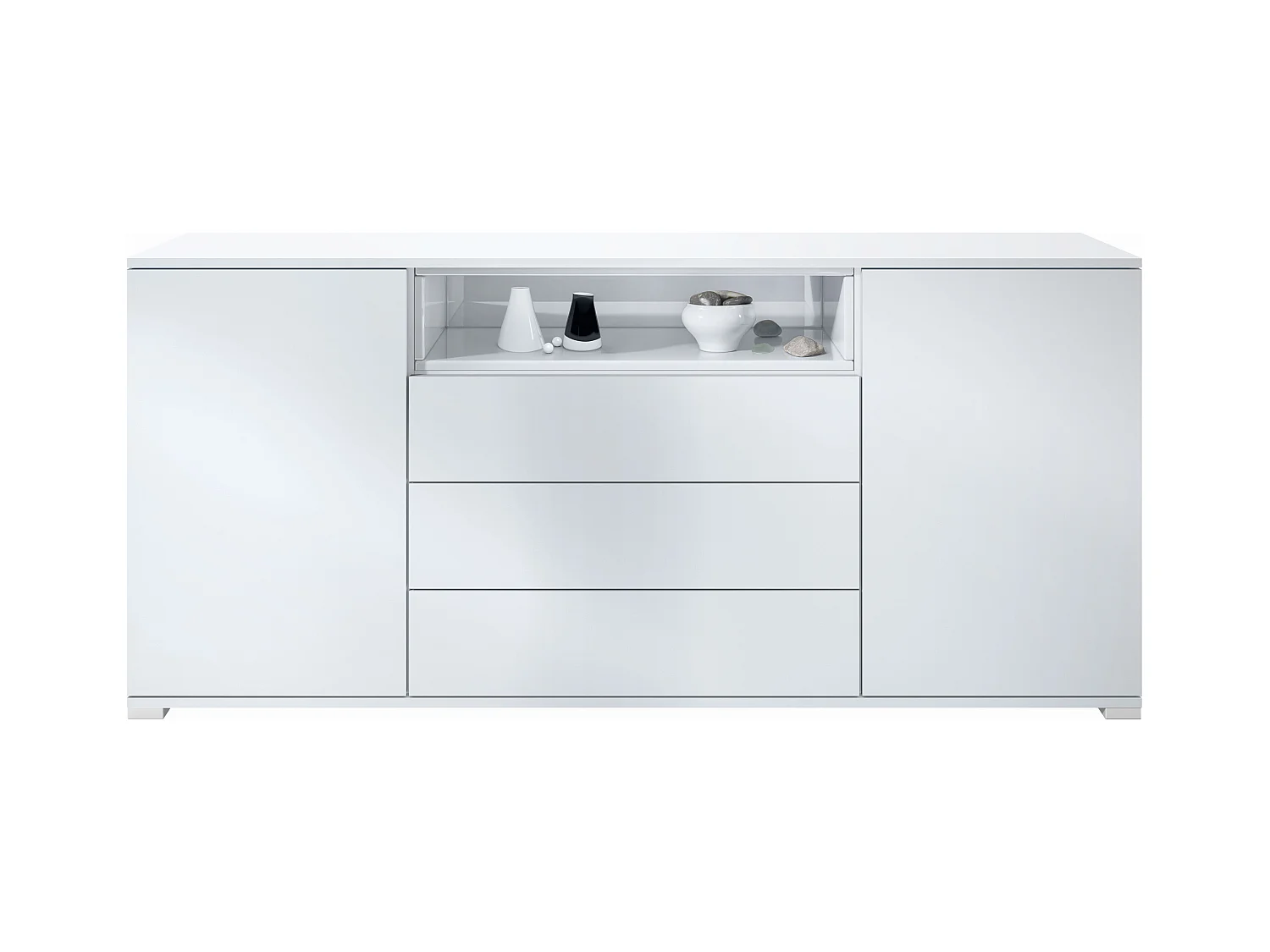 Skadu V4 Buffet, Commode avec 2 portes, 3 tiroirs et 1 compartiment ouvert, blanc mat/blanc haute brillance (166,5 x 75,5 x 35 cm)