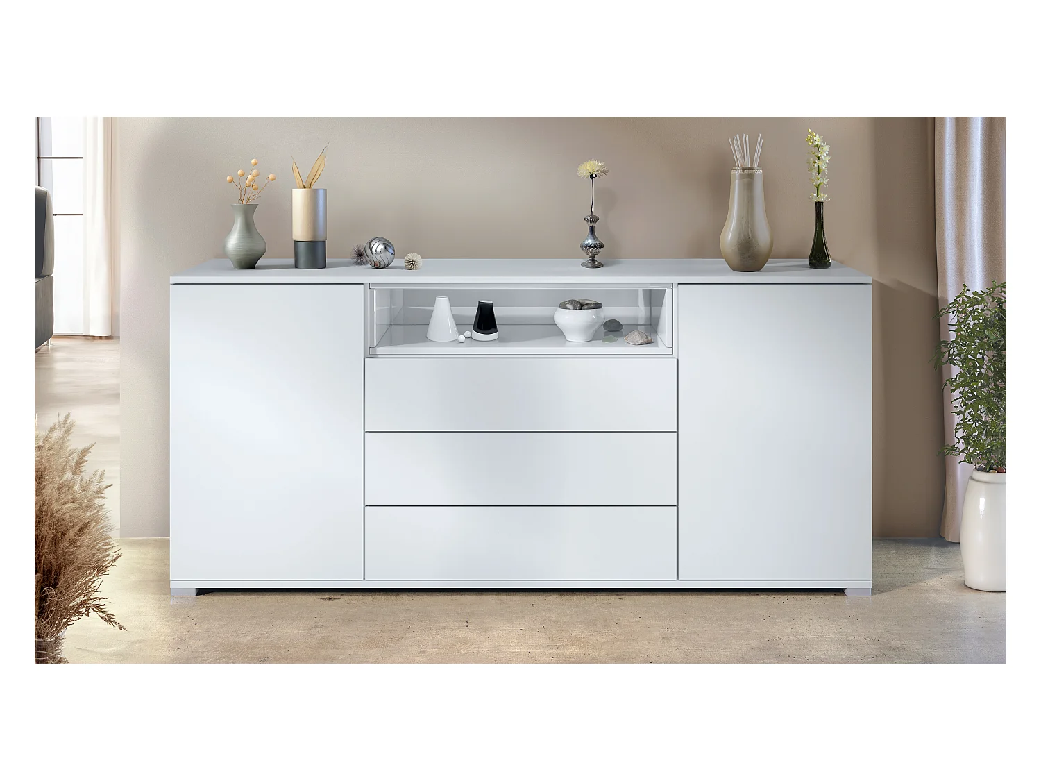 Skadu V4 Buffet, Commode avec 2 portes, 3 tiroirs et 1 compartiment ouvert, blanc mat/blanc haute brillance (166,5 x 75,5 x 35 cm)