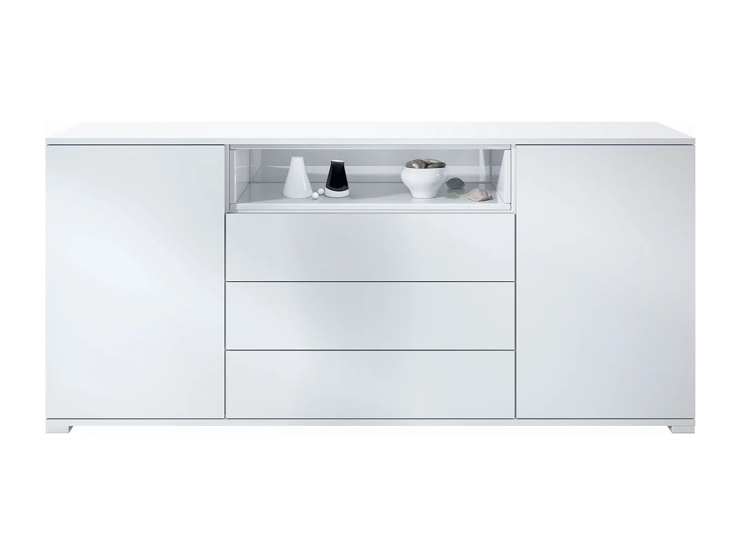 Skadu V4 Buffet, Commode avec 2 portes, 3 tiroirs et 1 compartiment ouvert, blanc mat/blanc haute brillance (166,5 x 75,5 x 35 cm)