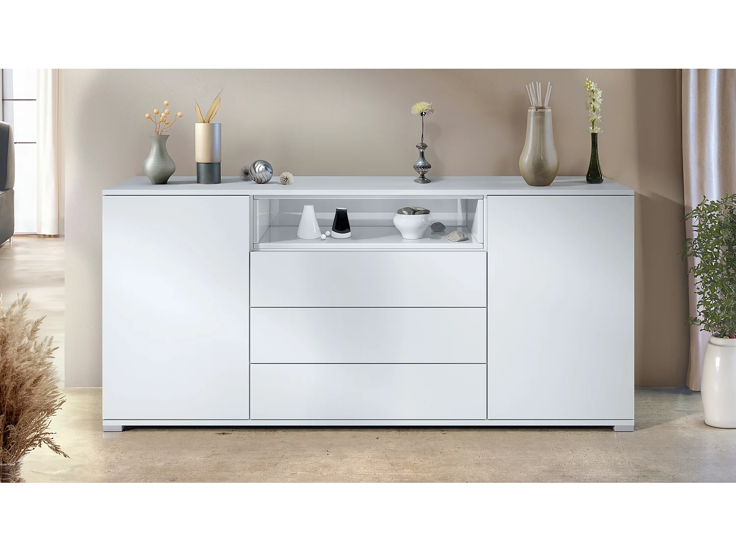 Skadu V4 Buffet, Commode avec 2 portes, 3 tiroirs et 1 compartiment ouvert, blanc mat/blanc haute brillance (166,5 x 75,5 x 35 cm)