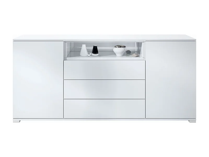 Skadu V4 Buffet, Commode avec 2 portes, 3 tiroirs et 1 compartiment ouvert, blanc mat/blanc haute brillance (166,5 x 75,5 x 35 cm)