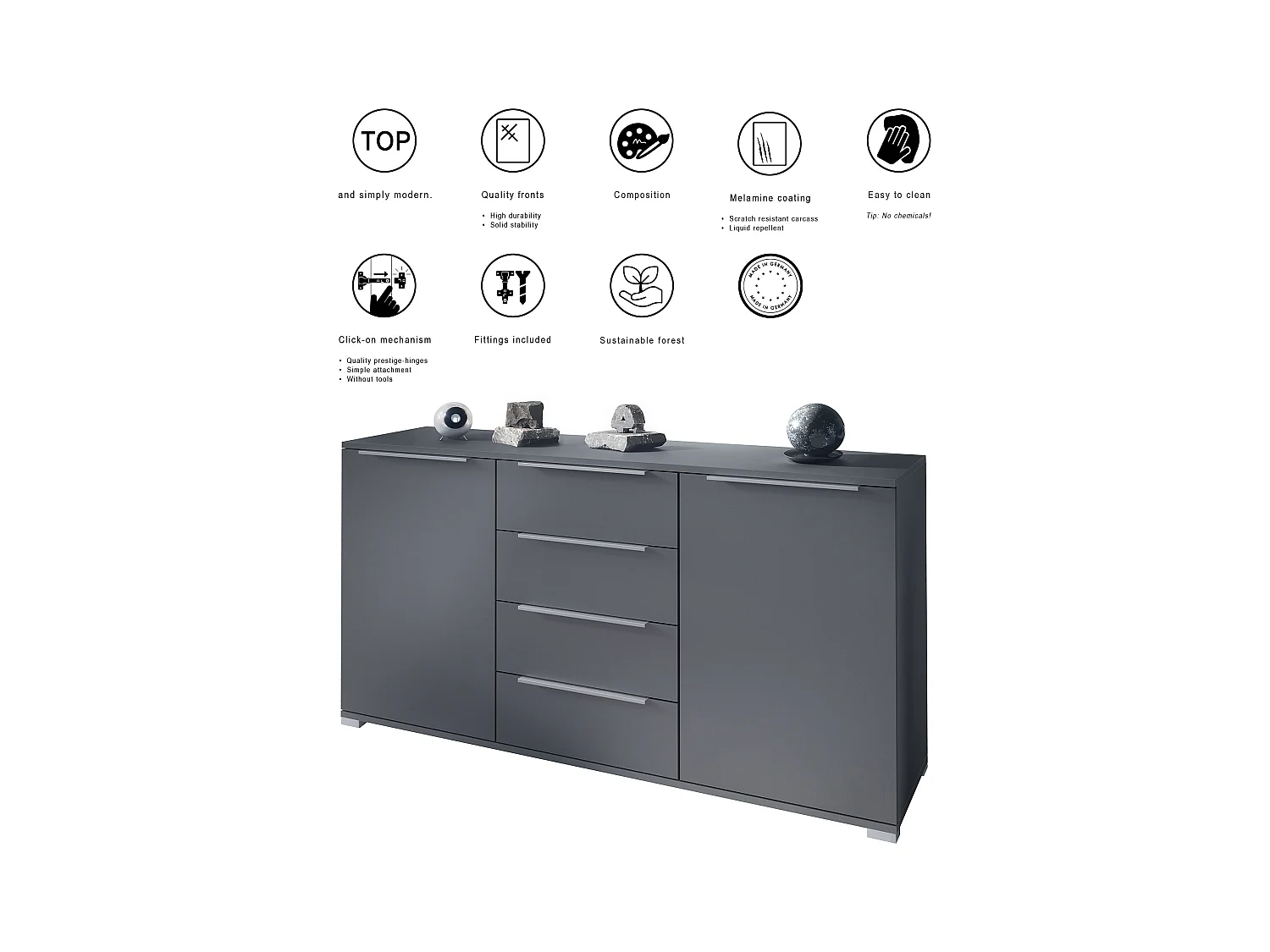 Buffet Linio V1, Enfilade avec 2 portes et 4 tiroirs, anthracite mat / anthracite mat (138,5 x 75,5 x 35 cm)