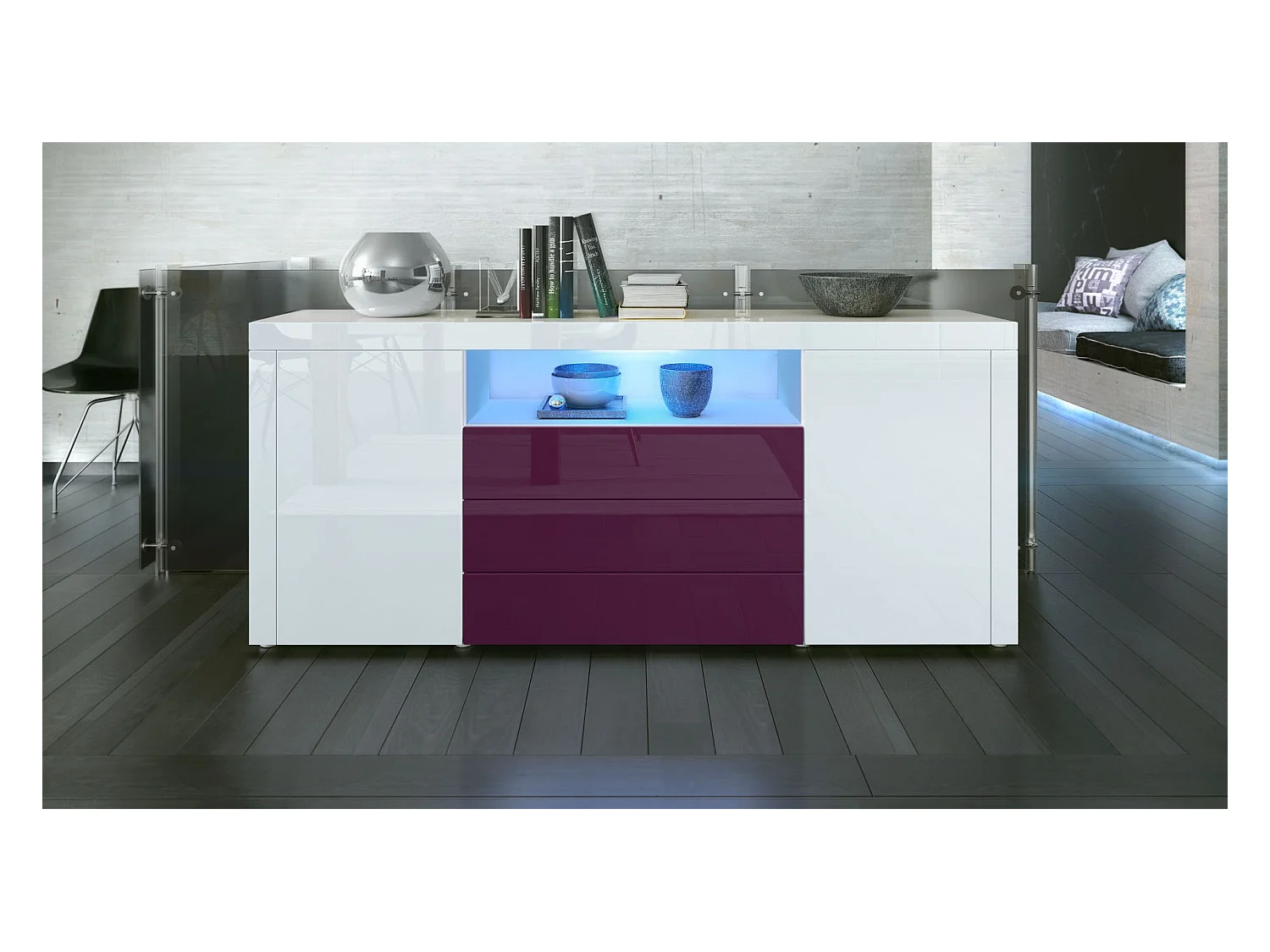 SIDEBOARD Santiago Weiß Hochglanz / Brombeer Hochglanz