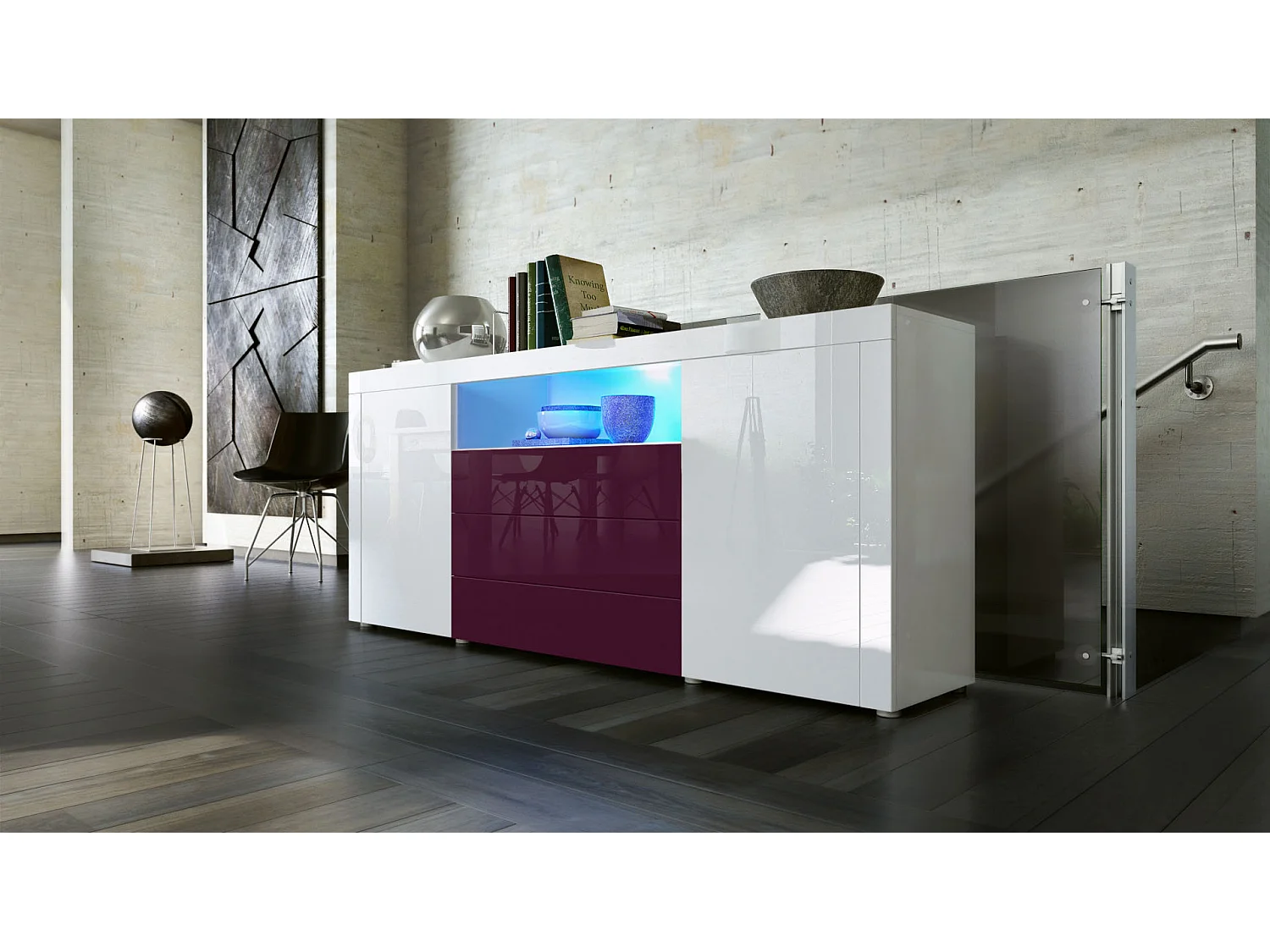 SIDEBOARD Santiago Weiß Hochglanz / Brombeer Hochglanz