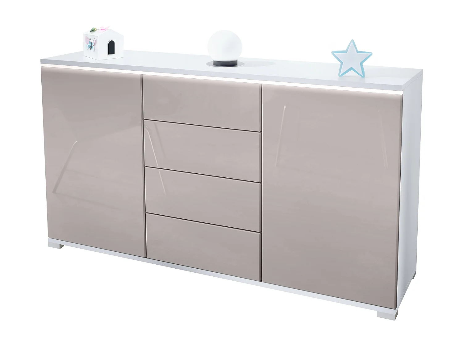 Buffet Faro V1 – Meuble avec 2 Portes & 4 Tiroirs, Armoire avec Bande LED Lumineuse, blanc mat / gris sable haute brillance (138,5 x 75,5 x 35)