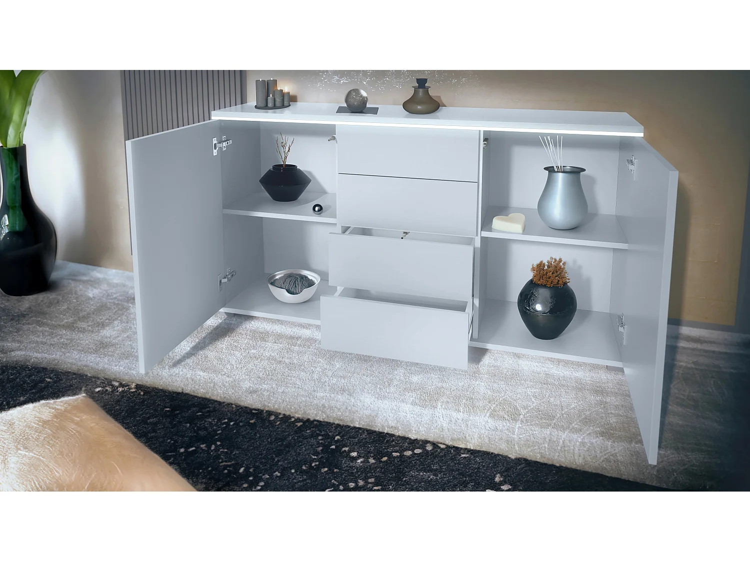 Buffet Faro V1 – Meuble avec 2 Portes & 4 Tiroirs, Armoire avec Bande LED Lumineuse, blanc mat / gris sable haute brillance (138,5 x 75,5 x 35)