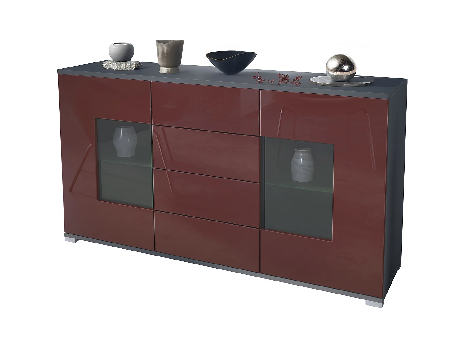 Buffet Grömitz V1 – Meuble avec 2 Grandes Portes et 4 Tiroirs, anthracite mat/bordeaux haute brillance (138,5 x 75,5 x 35)