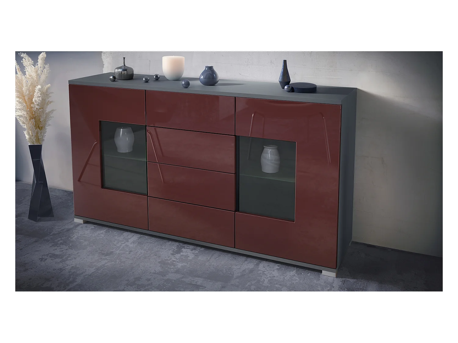 Buffet Grömitz V1 – Meuble avec 2 Grandes Portes et 4 Tiroirs, anthracite mat/bordeaux haute brillance (138,5 x 75,5 x 35)