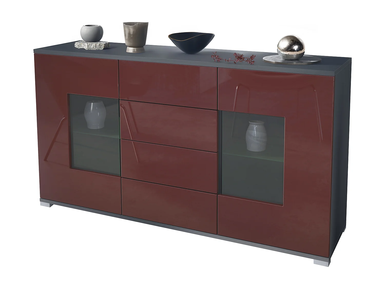 Buffet Grömitz V1 – Meuble avec 2 Grandes Portes et 4 Tiroirs, anthracite mat/bordeaux haute brillance (138,5 x 75,5 x 35)