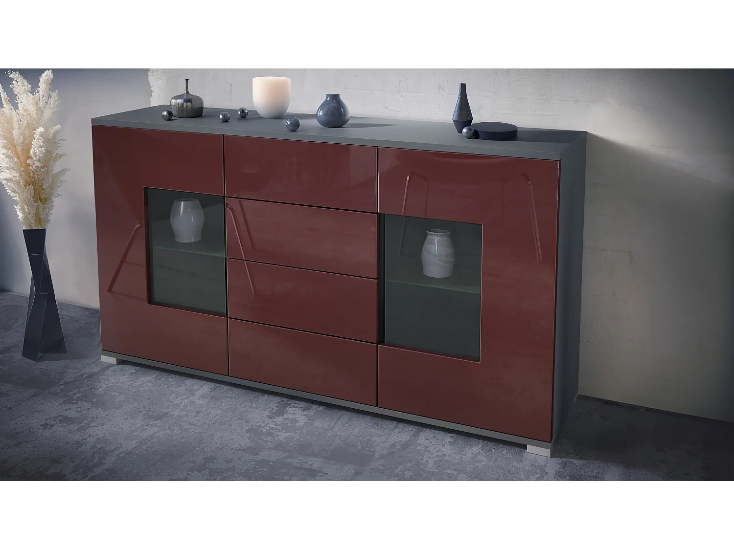 Buffet Grömitz V1 – Meuble avec 2 Grandes Portes et 4 Tiroirs, anthracite mat/bordeaux haute brillance (138,5 x 75,5 x 35)