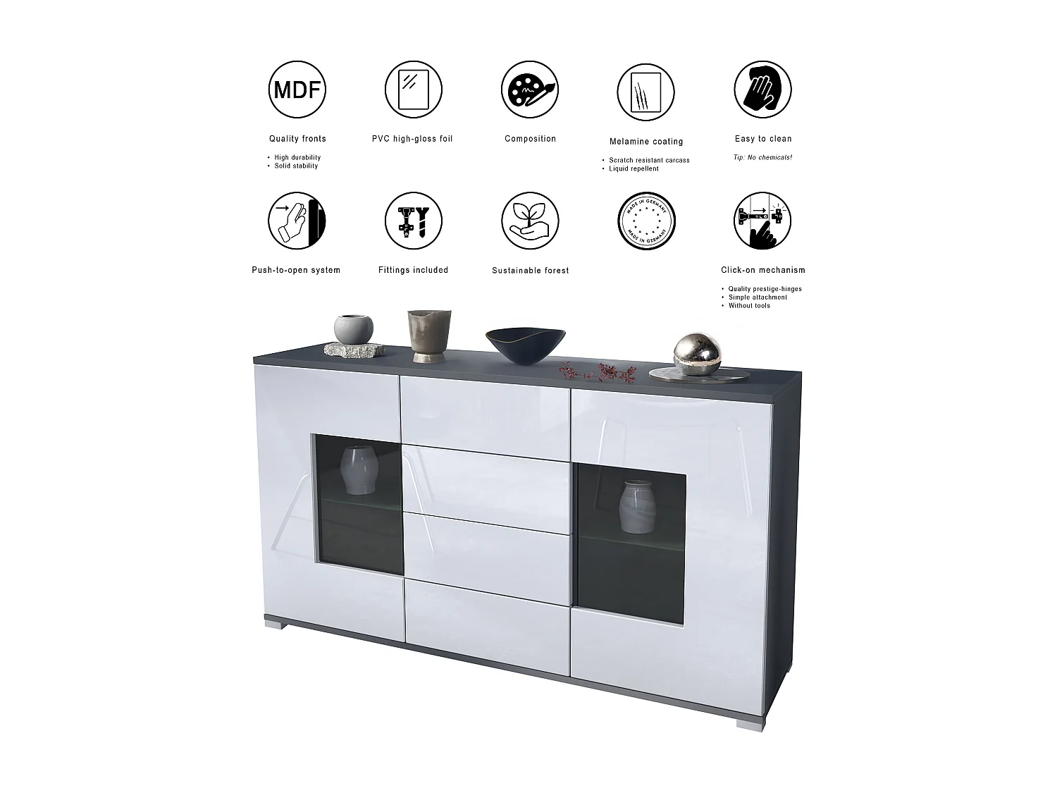 Buffet Grömitz V1 – Meuble avec 2 Grandes Portes et 4 Tiroirs, anthracite mat/bordeaux haute brillance (138,5 x 75,5 x 35)