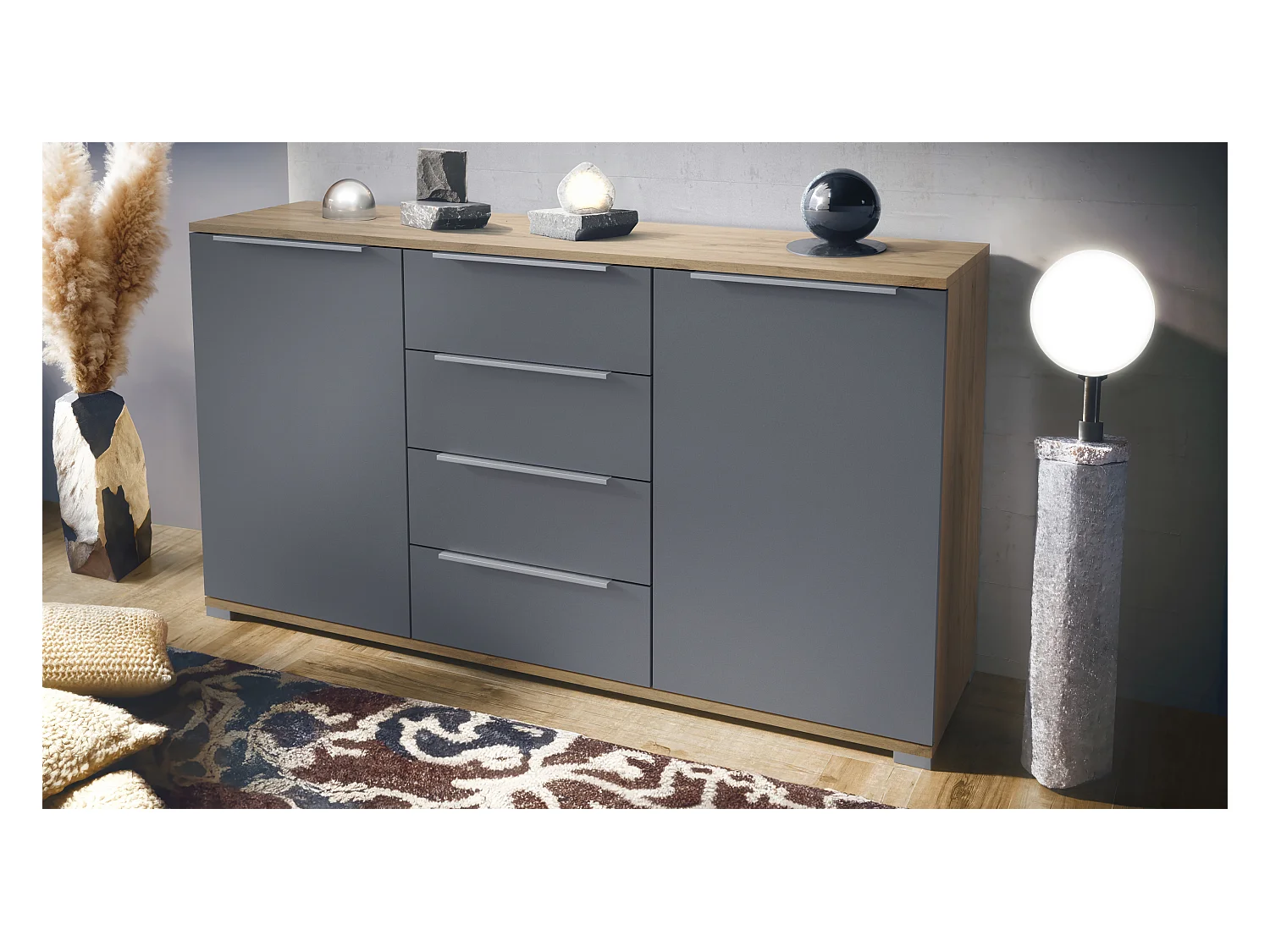 Buffet Linio V1, Enfilade avec 2 portes et 4 tiroirs, Chêne Evoke / anthracite mat (138,5 x 75,5 x 35 cm)