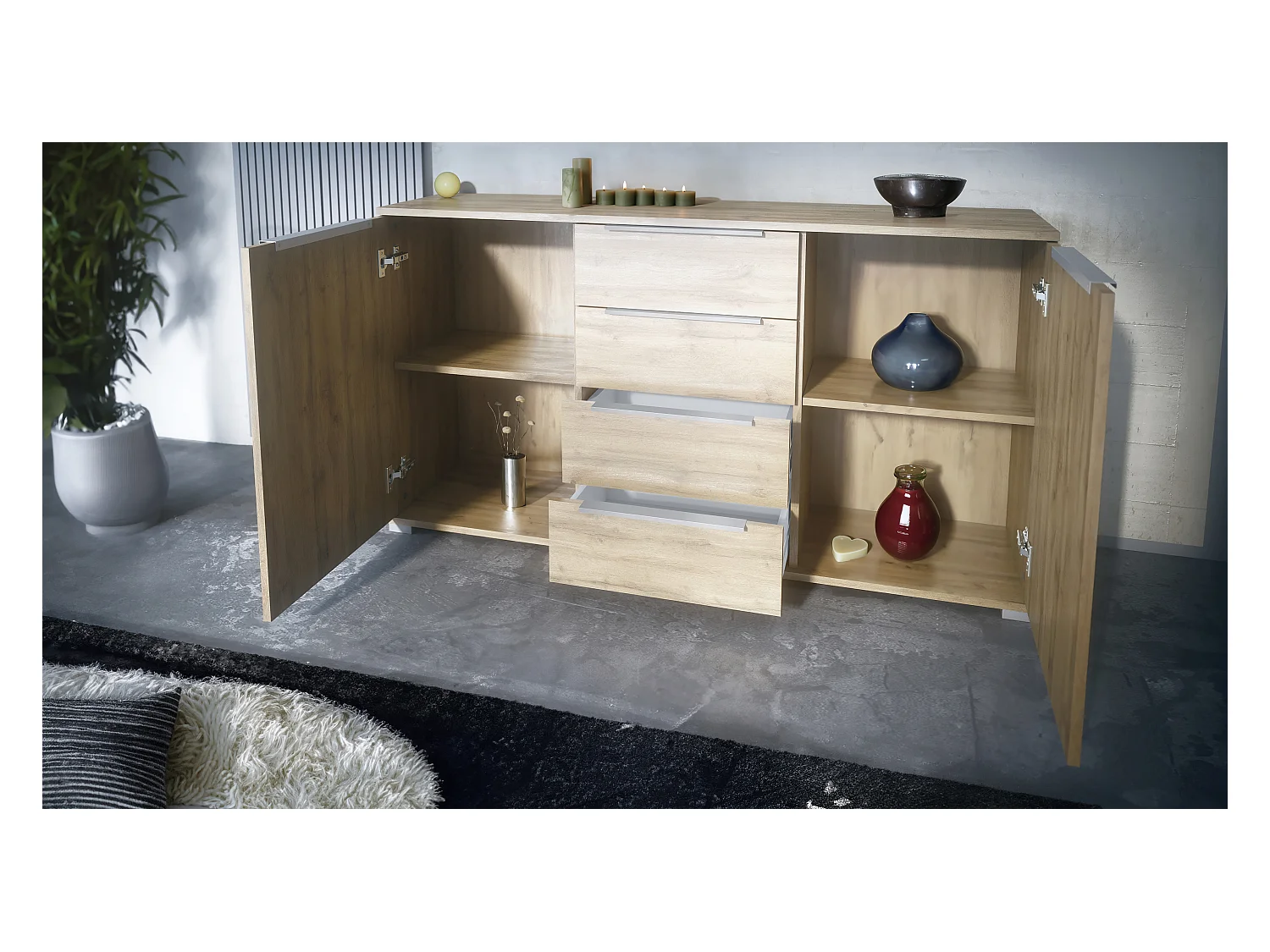 Buffet Linio V1, Enfilade avec 2 portes et 4 tiroirs, Chêne Evoke / anthracite mat (138,5 x 75,5 x 35 cm)