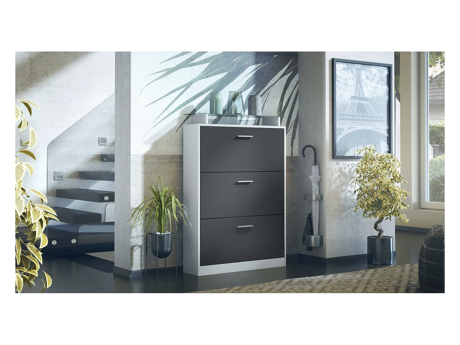 Meuble à chaussures Lavia, basculant pour 24 paires de chaussures avec 3 clapets et étagère en verre, Blanc mat/Noir mat (89 x 128 x 23 cm)