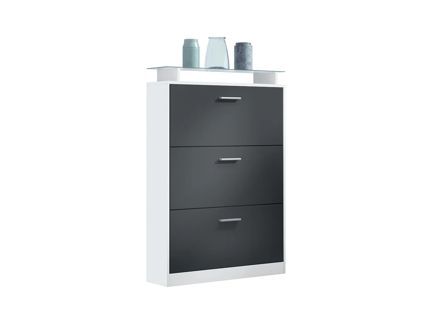 Meuble à chaussures Lavia, basculant pour 24 paires de chaussures avec 3 clapets et étagère en verre, Blanc mat/Noir mat (89 x 128 x 23 cm)