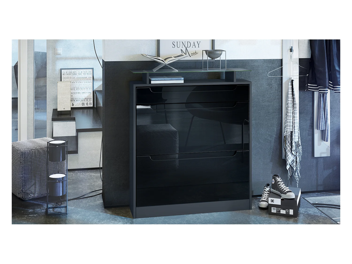 SCHUHSCHRANK Fiesta Fronten in Schwarz Hochglanz, Griffmulden in Schwarz Hochglanz