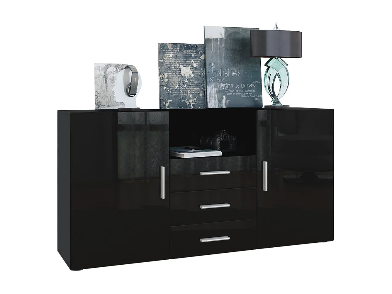 Buffet Skadu, Commode avec 2 portes, 3 tiroirs et 1 compartiment ouvert, noir mat/noir haute brillance (138,5 x 71,5 x 35 cm)