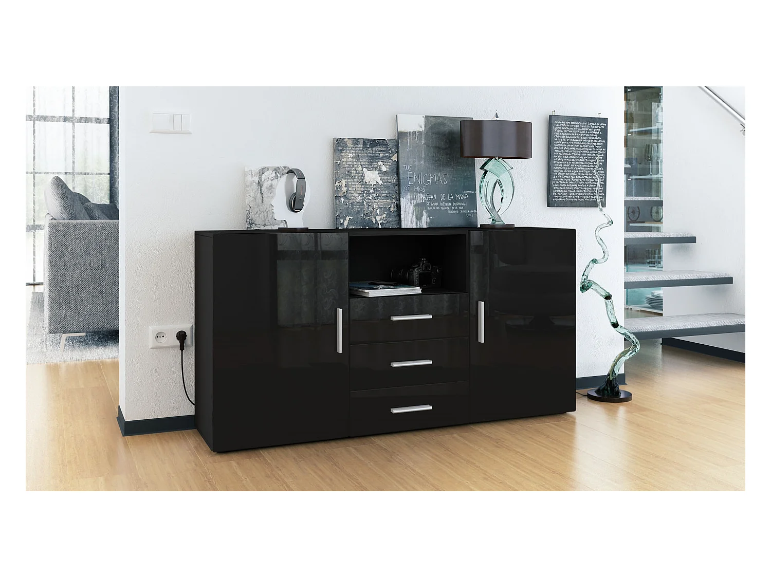 Buffet Skadu, Commode avec 2 portes, 3 tiroirs et 1 compartiment ouvert, noir mat/noir haute brillance (138,5 x 71,5 x 35 cm)