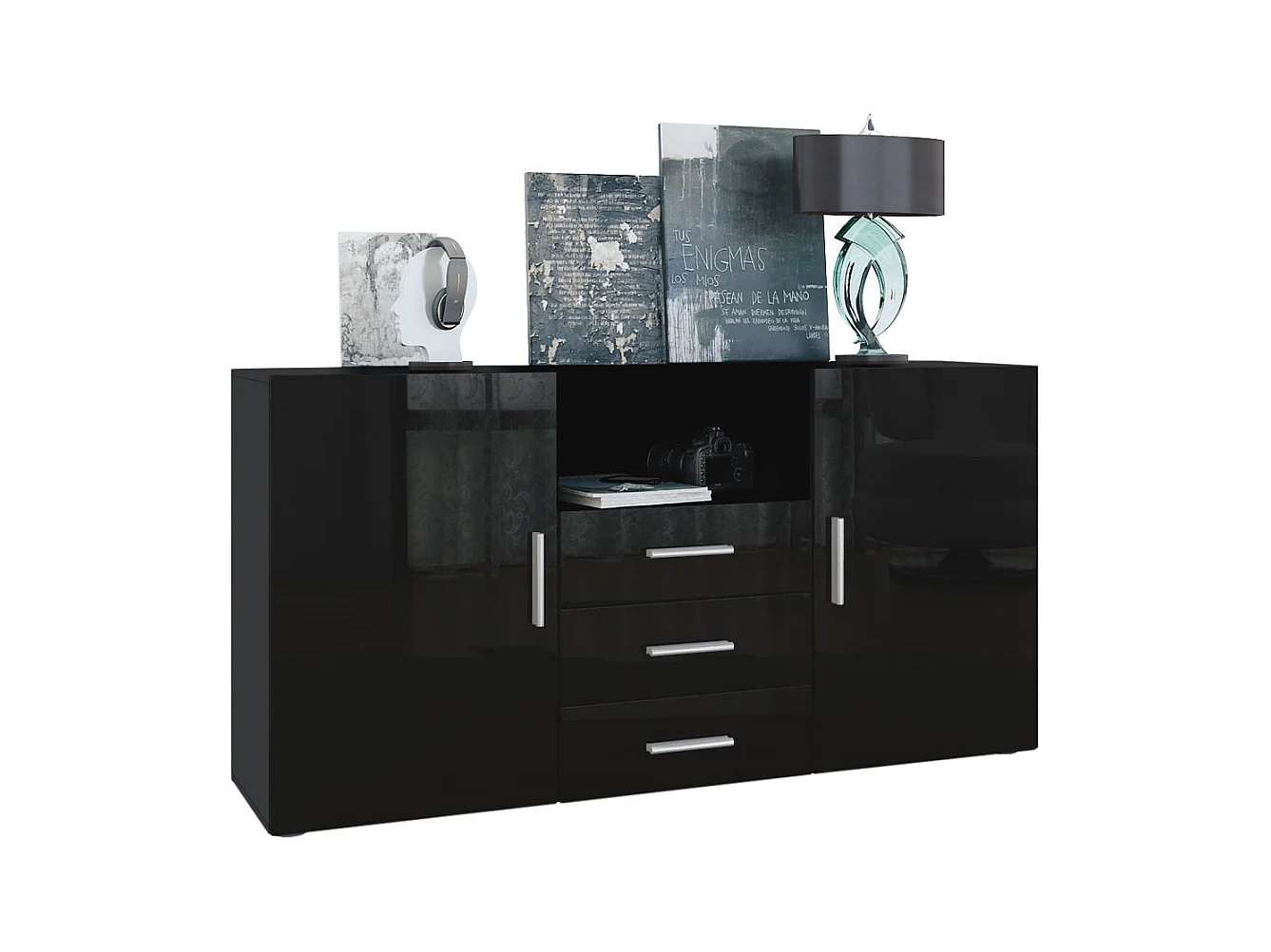 Buffet Skadu, Commode avec 2 portes, 3 tiroirs et 1 compartiment ouvert, noir mat/noir haute brillance (138,5 x 71,5 x 35 cm)