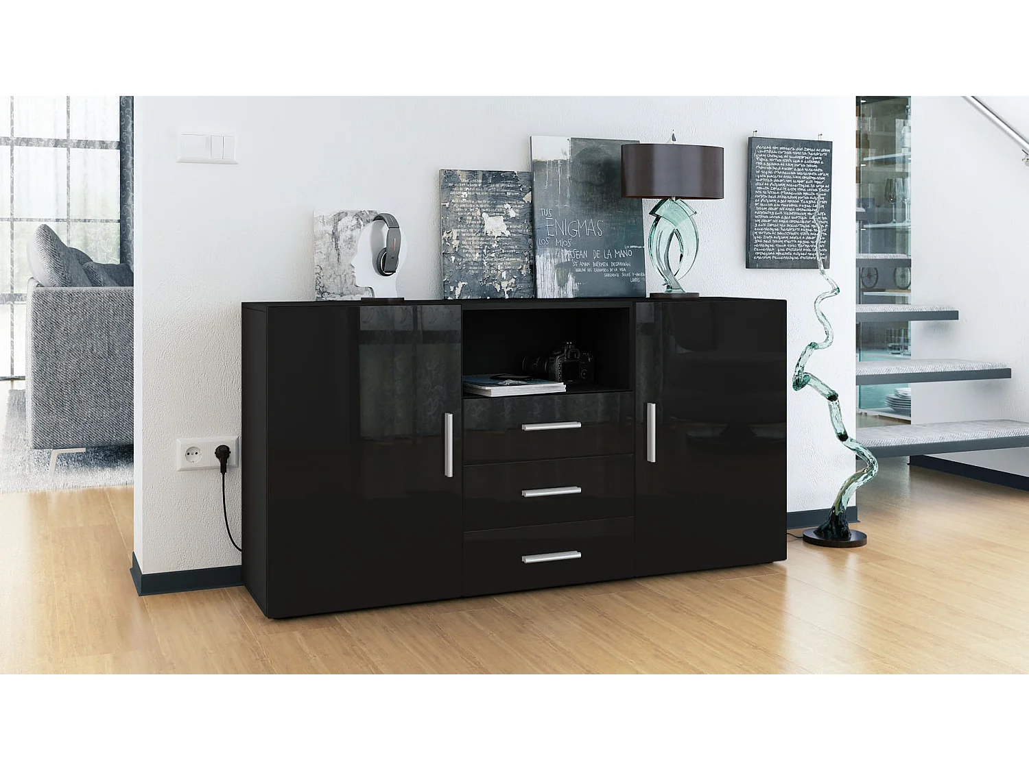 Credenza Skadu, mobile con 2 ante, 3 cassetti e 1 scomparto a giorno, nero opaco/nero lucido (138,5 x 71,5 x 35 cm)