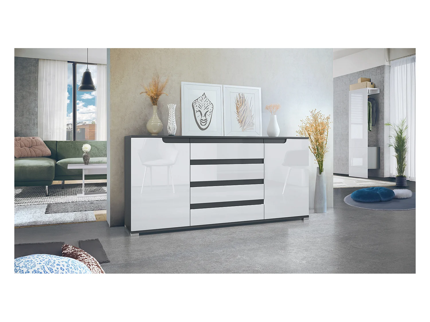 Buffet Sylt V2, Commode avec 2 Portes et 4 Tiroirs, Corps - anthracite mat / Façade - blanc haute brillance / Détails - anthracite mat (166,5 x 75,5 x 35 cm)
