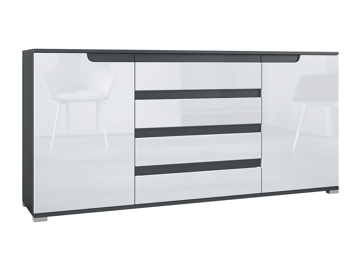 Credenza Sylt V2, Comò con 2 Ante e 4 Cassetti, Struttura - antracite opaco  / Frontale - bianco lucido / Dettagli - antracite opaco  (166,5 x 75,5 x 35 cm)