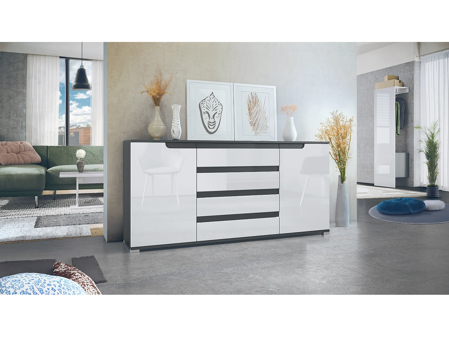 Credenza Sylt V2, Comò con 2 Ante e 4 Cassetti, Struttura - antracite opaco  / Frontale - bianco lucido / Dettagli - antracite opaco  (166,5 x 75,5 x 35 cm)