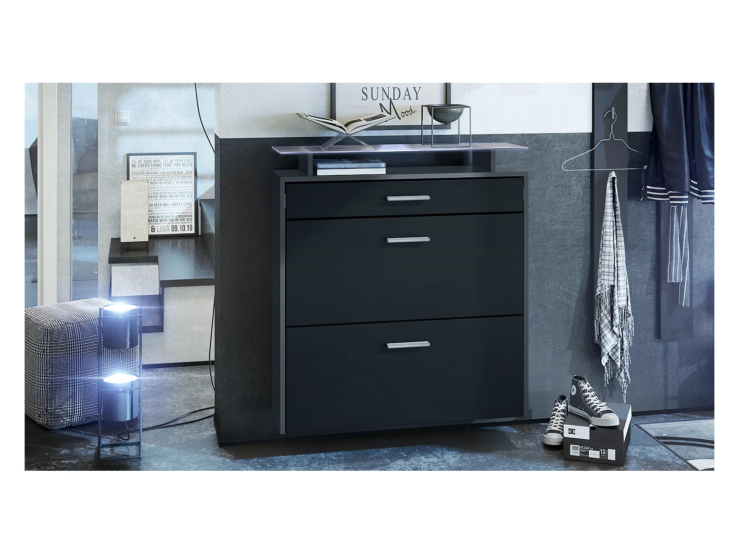 Armoire à chaussures Malea de , anthracite mat/noir mat y compris LED - basculeur à chaussures suspendu pour 16 paires de chaussures (89 x 96 x 23 cm)