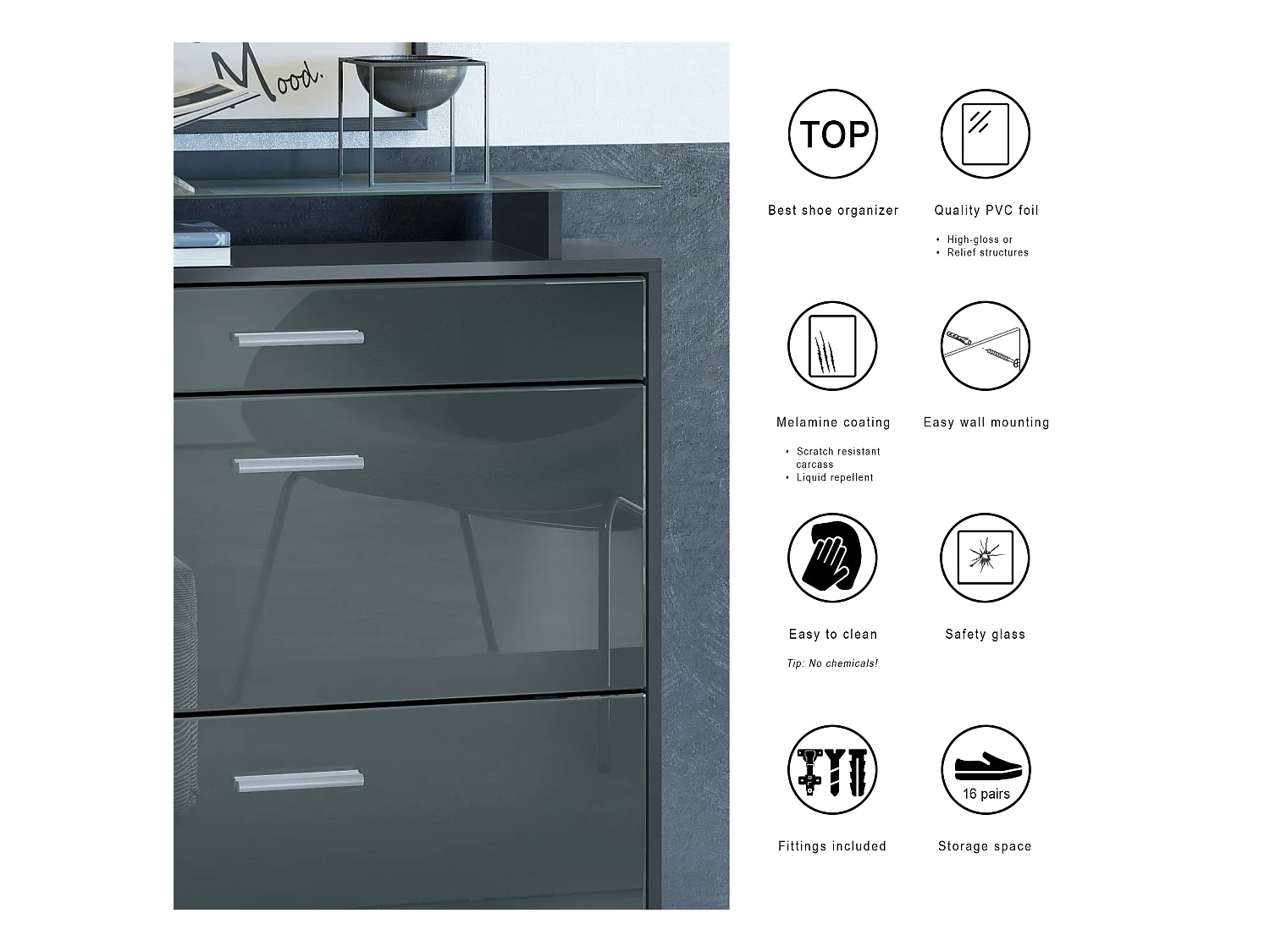 Armoire à chaussures Malea de , anthracite mat/noir mat y compris LED - basculeur à chaussures suspendu pour 16 paires de chaussures (89 x 96 x 23 cm)