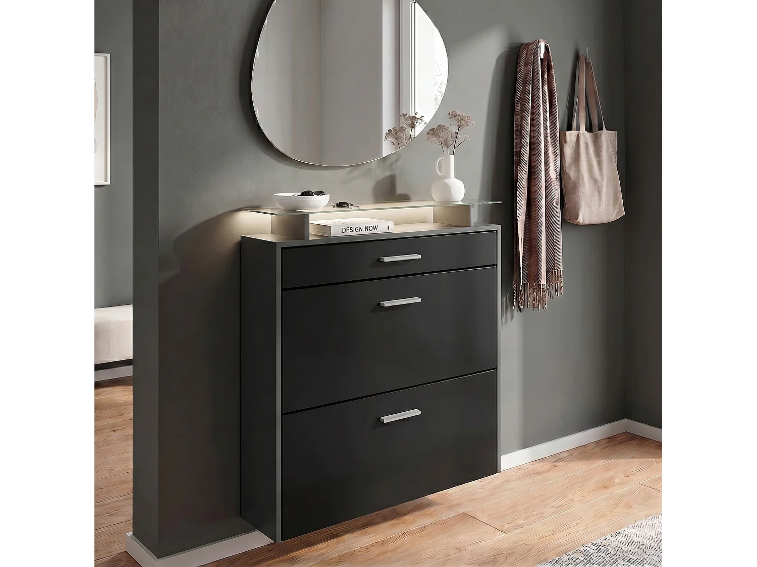 Armoire à chaussures Malea de , anthracite mat/noir mat y compris LED - basculeur à chaussures suspendu pour 16 paires de chaussures (89 x 96 x 23 cm)