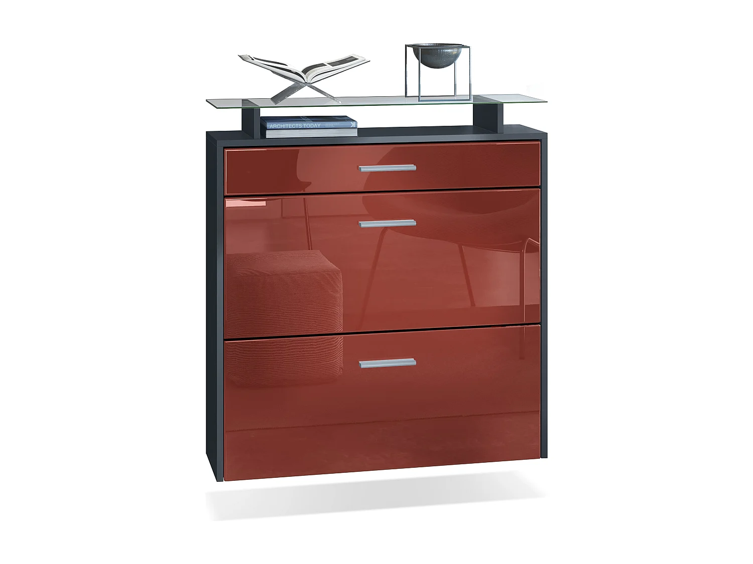 Mueble zapatero Vladon Malea, antracita mate/burdeos de alto brillo - carro zapatero colgante para 16 pares de zapatos (89 x 96 x 23 cm)