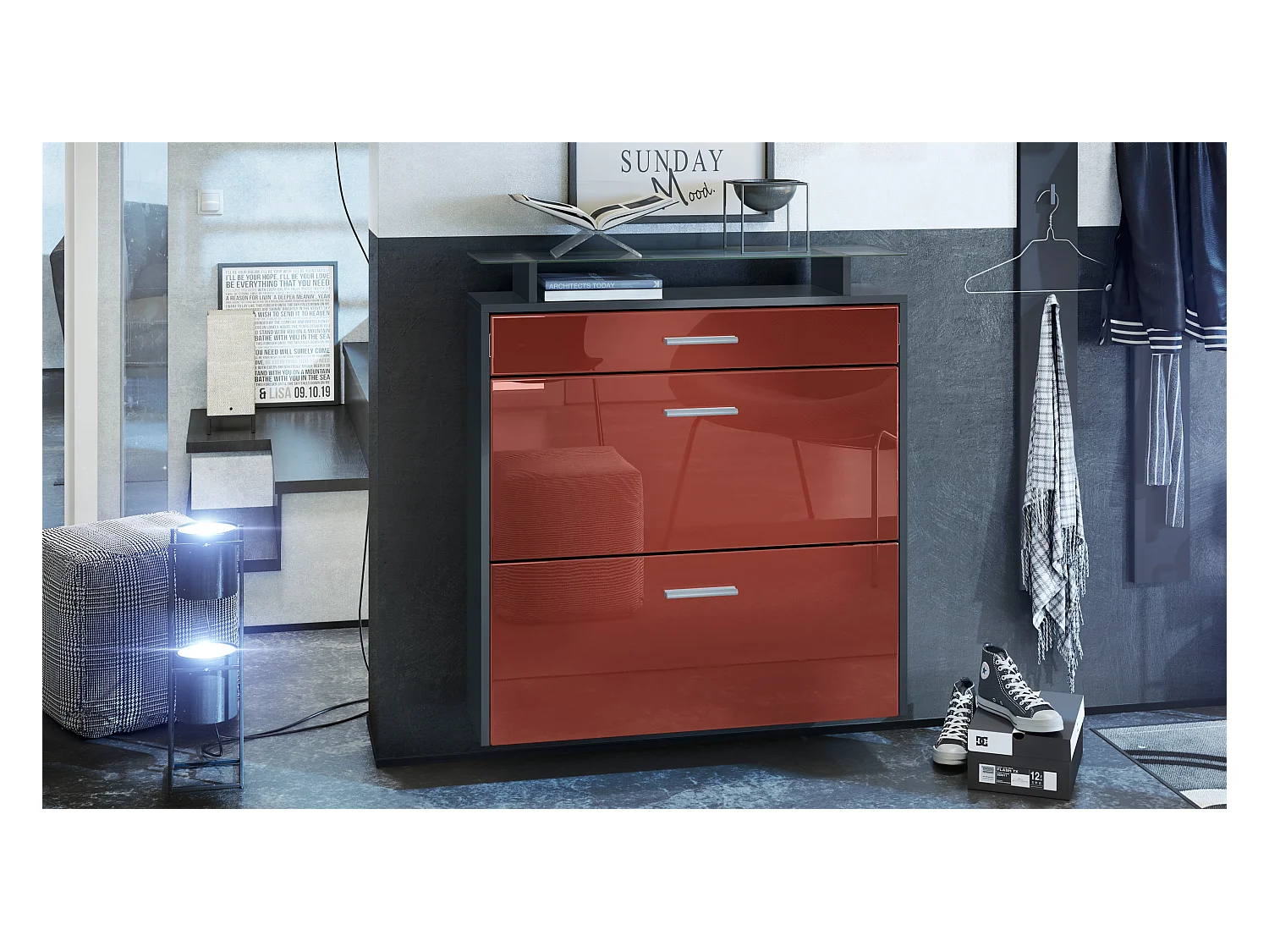 Mueble zapatero Vladon Malea, antracita mate/burdeos de alto brillo - carro zapatero colgante para 16 pares de zapatos (89 x 96 x 23 cm)