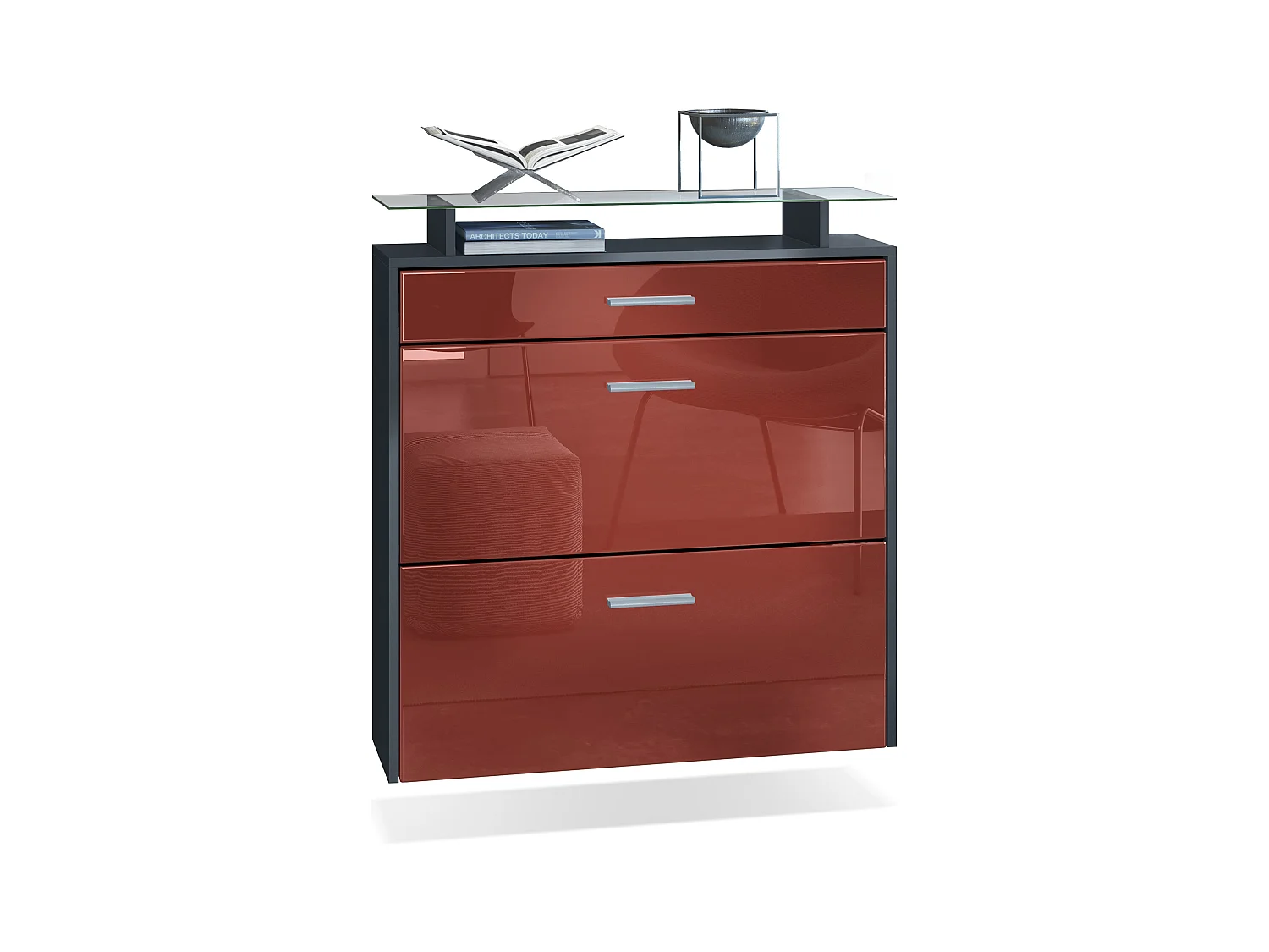 Armoire à chaussures Malea de , anthracite mat/bordeaux haute brillance - basculeur à chaussures suspendu pour 16 paires de chaussures (89 x 96 x 23 cm)