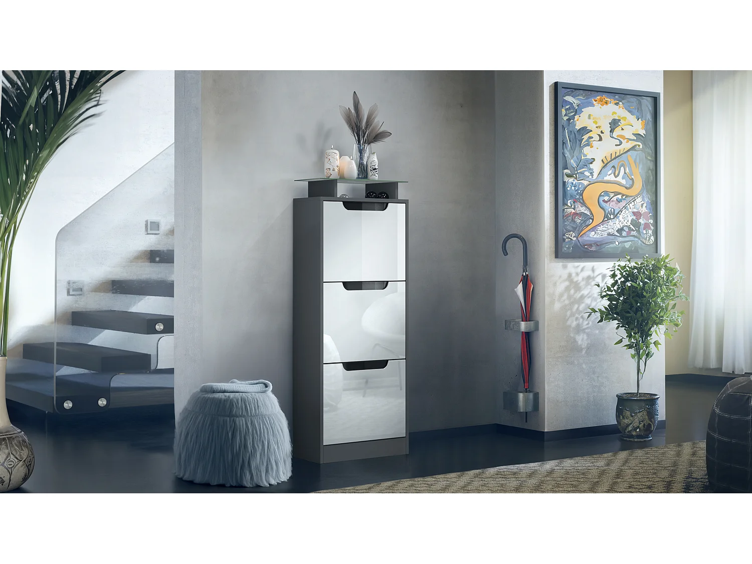 Vladon Scarpiera Space V2, Scarpiera per 12 paia di scarpe con 3 ribalte e ripiano in vetro, antracite opaco /bianco lucido (46 x 128 x 23 cm)