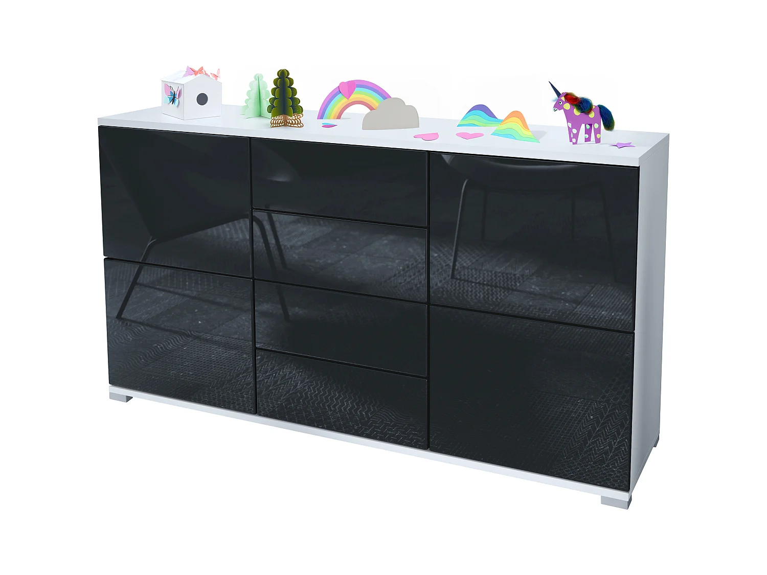 Buffet Rova V1 – Meuble avec 4 Portes et 4 Tiroirs, blanc mat/noir haute brillance (138,5 x 75,5 x 35)
