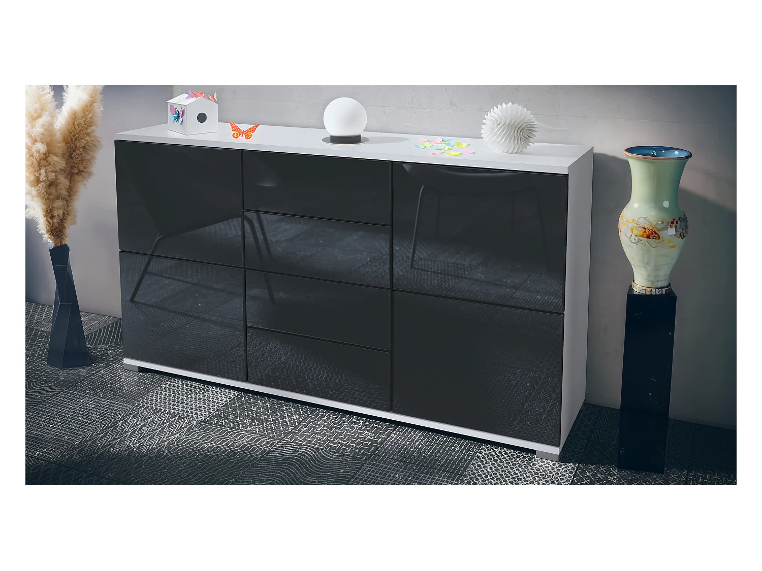 Buffet Rova V1 – Meuble avec 4 Portes et 4 Tiroirs, blanc mat/noir haute brillance (138,5 x 75,5 x 35)