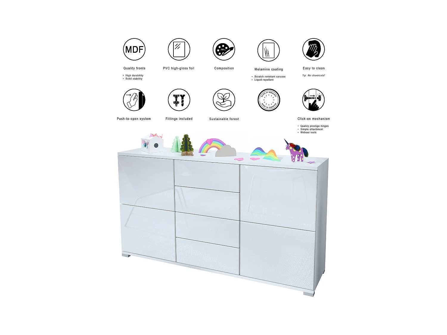 Buffet Rova V1 – Meuble avec 4 Portes et 4 Tiroirs, blanc mat/noir haute brillance (138,5 x 75,5 x 35)