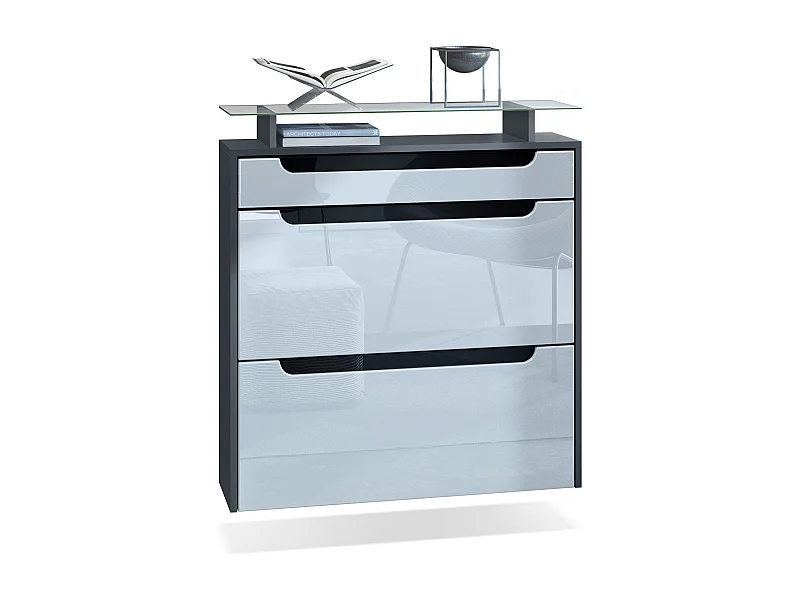Scarpiera  Annie per 16 paia di scarpe con 2 ante a ribalta e ripiano in vetro, antracite/bianco lucido, maniglie incassate in nero lucido (89 x 96 x 23 cm)